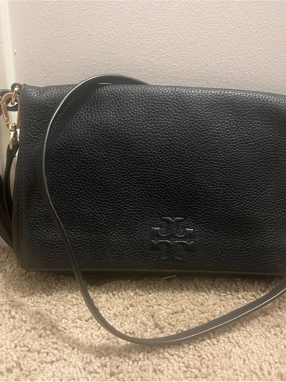 Tory Burch Black Pebbled Leather Crossbody with Gold Hardware